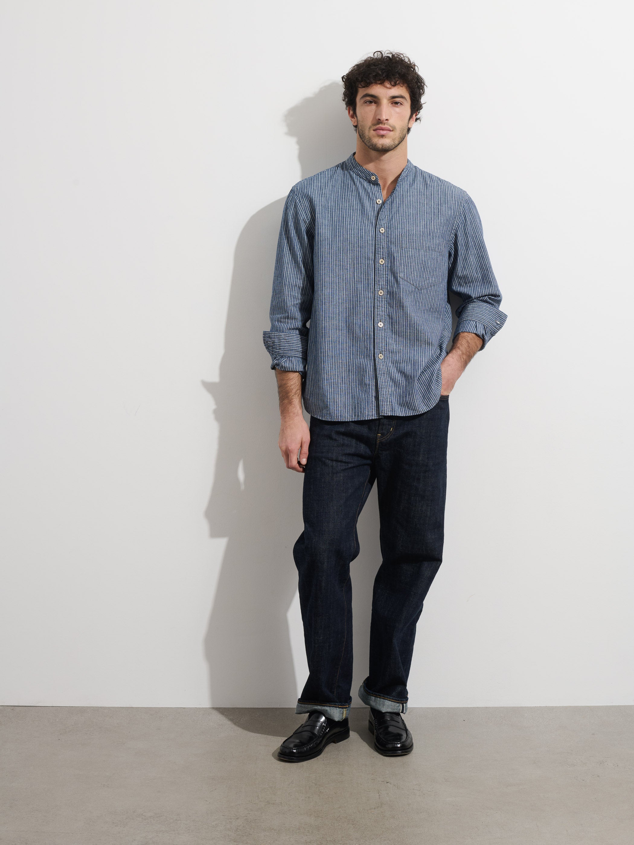 OMNIGOD x Alex Mill Band Collar Shirt in Stripe
