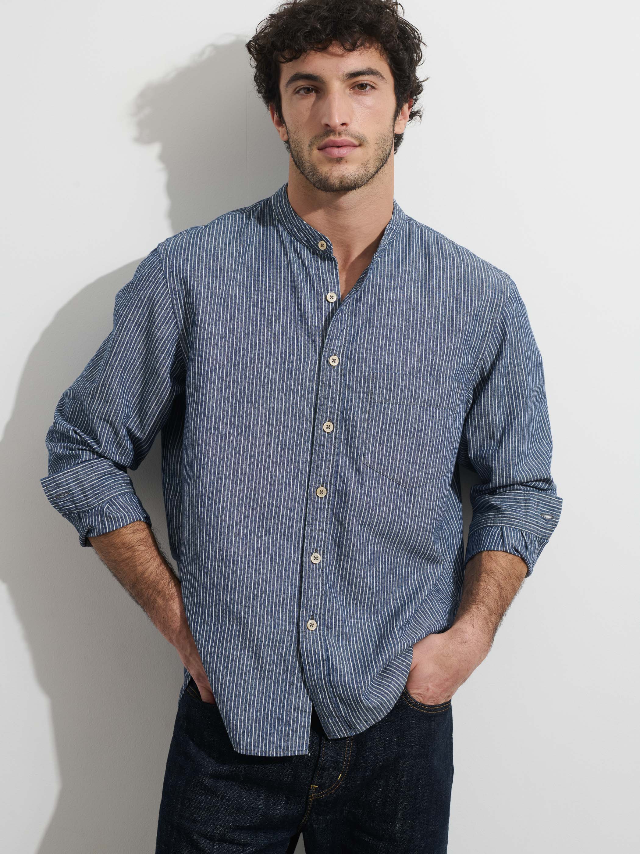 OMNIGOD x Alex Mill Band Collar Shirt in Stripe